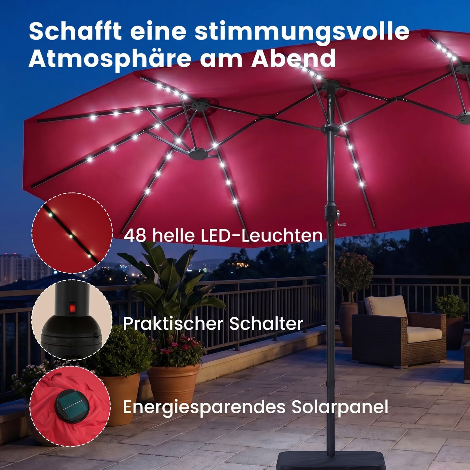 COSTWAY Doppelsonnenschirm mit Ständer und LED-Solar-Beleuchtung, 450 x 260 cm, Sonnenschirm Groß XXL, UPF 50+, Gartenschirm mit Kurbel, Terrassenschirm, Marktschirm für Garten, Terrasse (Rot) 3