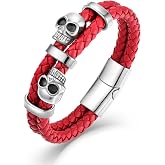 Raymard Mens Skull Double Row Leather Bracelet, Black or Silver Skull Braided Bracelet for Men, Mens Punk Jewelry