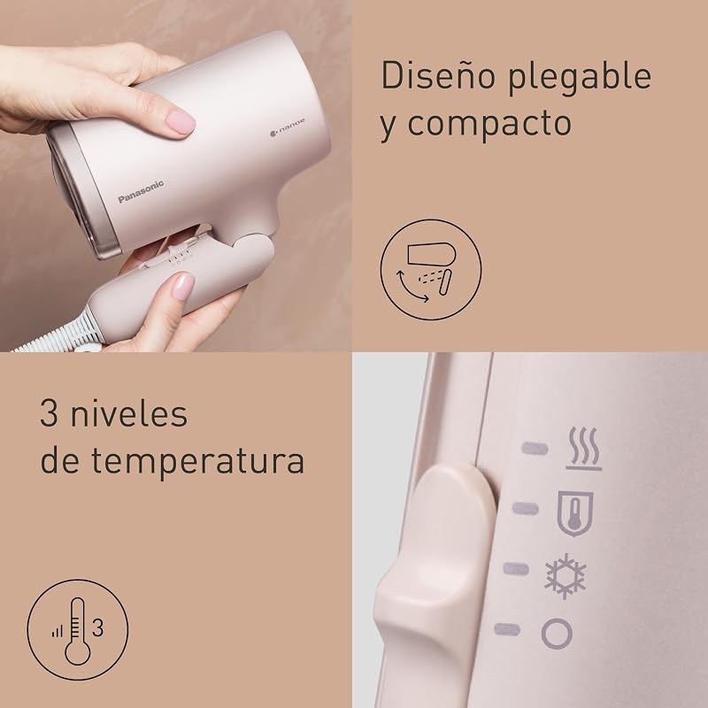 EH-NA7M-P825 Nanoe Secador De Pelo para un Cabello Brillante, Diseño Plegable, Secado Rápido, Accesorio Concentrador, 1600 W, Rosa