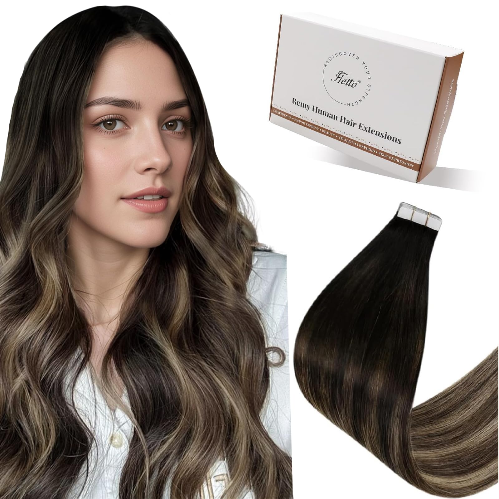 Hetto Tape in Hair Extensions Human Hair Black Ombre Brown Mix Blonde - Double Sided Hair Extensions Tape Ins, Invisible Lightweight Easy Wear Seamless Hairpieces 14 Inch 20pcs 50g #1B/6/27 — image 1