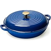 CAROTE 3.4QT Enameled Cast Iron Braiser Pan, Shallow Dutch Oven Casserole Skillets, Non-Toxic Cast Iron Pot with Lid for Grilling, Searing, Baking, Dual Handles, All Stovetop Compatible, Blue