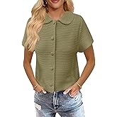 Saodimallsu Womens Short Sleeve Cropped Cardigans Casual Summer Button Down Collared Lightweight Loose Knit Sweater Top