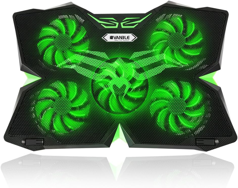 Gaming Laptop Cooling Pad, Vanble 5 Fans Cooler Pad with LED Lights, Dual USB 2.0 Ports, Adjustable Height at 1400 RPM fits 12"-17"- (Fan and Light can be Adjusted Independently) - Green