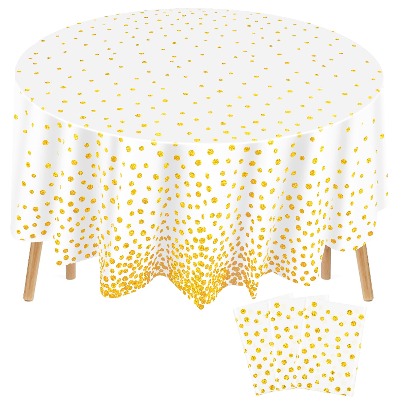 Photo 1 of Newwiee 3 Pcs Round Dot Tablecloth 84 Inch Plastic Table Cover Dots Confetti Tablecloths for Halloween Fall Thansgiving Wedding Bridal Shower Birthday Party Decor (White and Gold Dots)