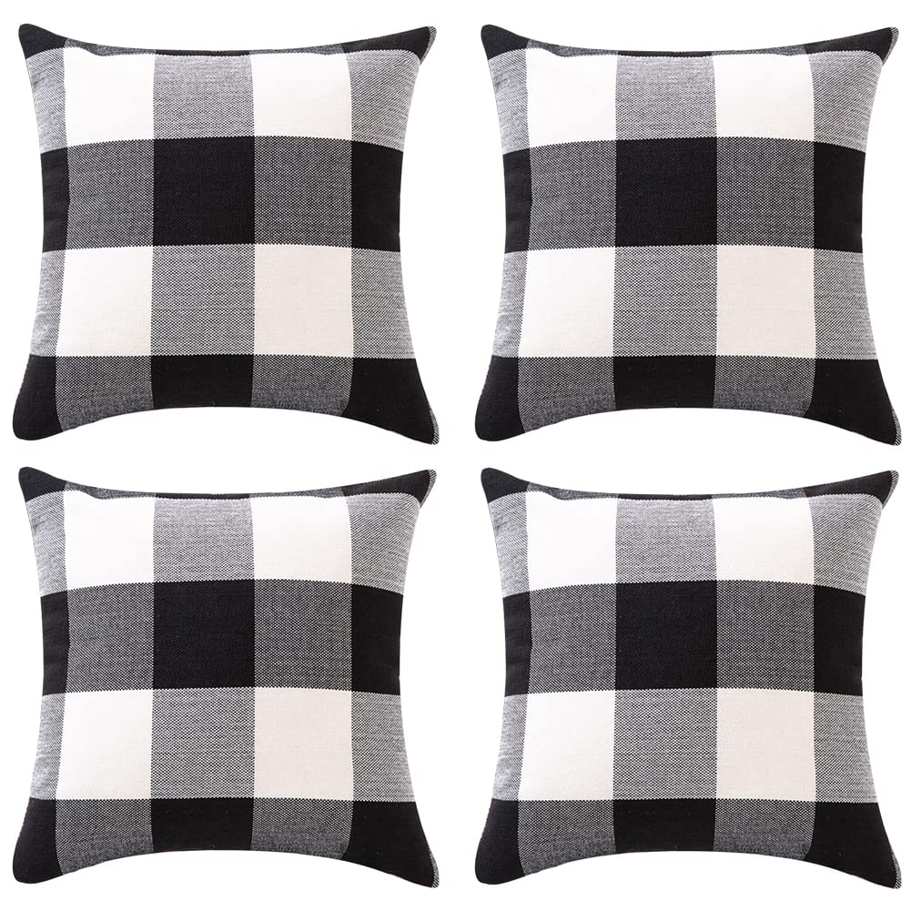 ORANIFUL Buffalo Check Cushion Covers 40cm x 40cm Set of 4 Linen Decorative Square Plaid Throw Pillow Case for Sofa Couch Bedroom Home Living Room 16 x 16 Inches (Black & White)