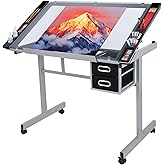 JupiterForce Adjustable Drafting Table Art Desk Drawing Table Versatile Art Craft Work Station Glass Tabletop w/2 Slide Drawers and Wheels for Reading, Writing, Painting Home Office