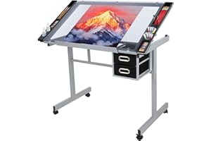 JupiterForce Adjustable Drafting Table Art Desk Drawing Table Versatile Art Craft Work Station Glass Tabletop w/2 Slide Drawers and Wheels for Reading, Writing, Painting Home Office