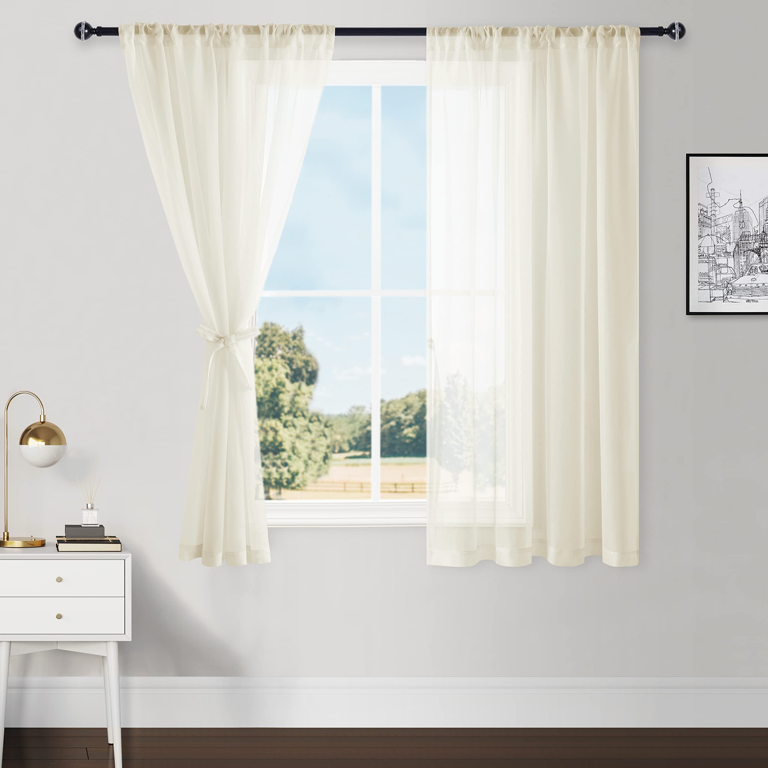 Photo 1 of Hiasan White Sheer Curtains with Tiebacks, Rod Pocket Light Filtering Lightweight Voile Small Half Window Curtains for Bedroom, Living Room, Office, W42 x L45, Set of 2 Soft Drape Panels