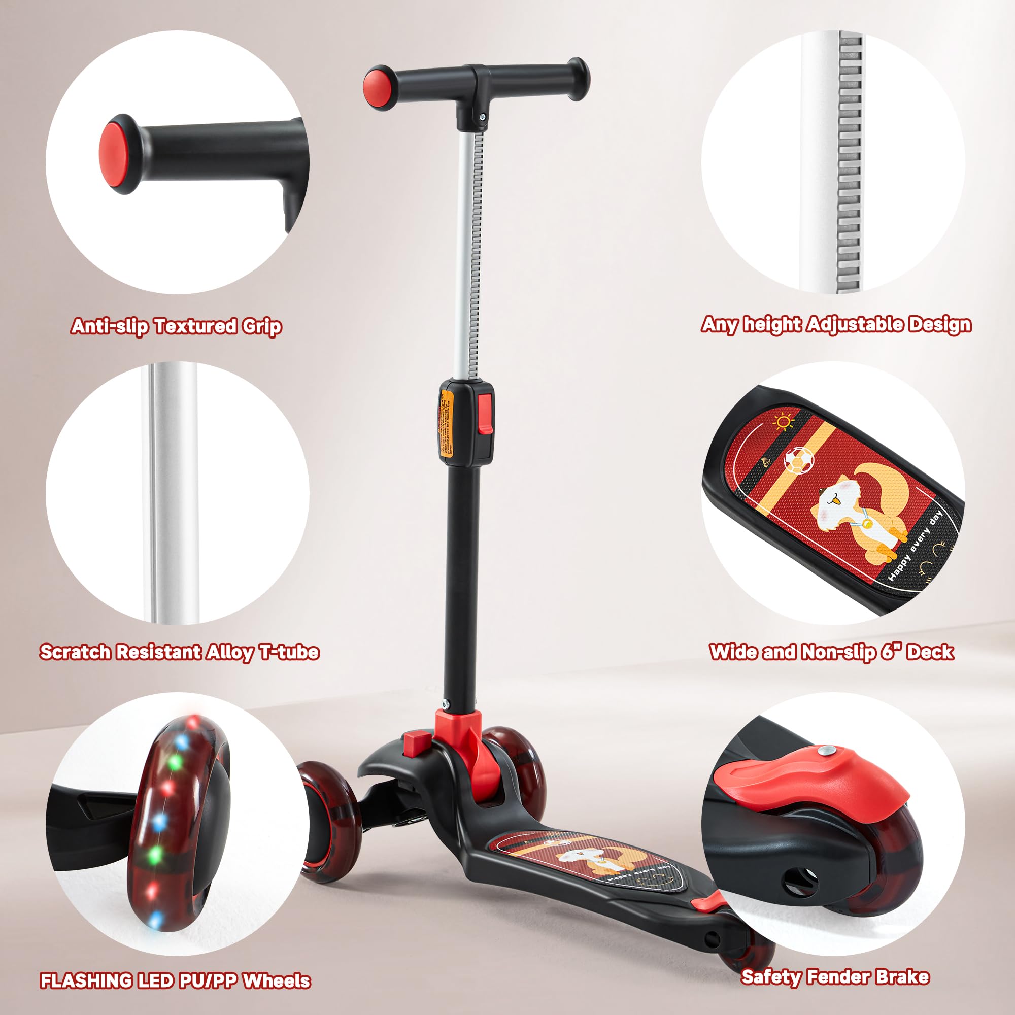 Kick Scooter Adjustable Height Adjustable Handlebar，Kids Scooter 3 Wheel with LED Lights，Suitable Kids Ages 2，Ages 6，Ages 8，Extra Wide Deck for Boys and Girls
