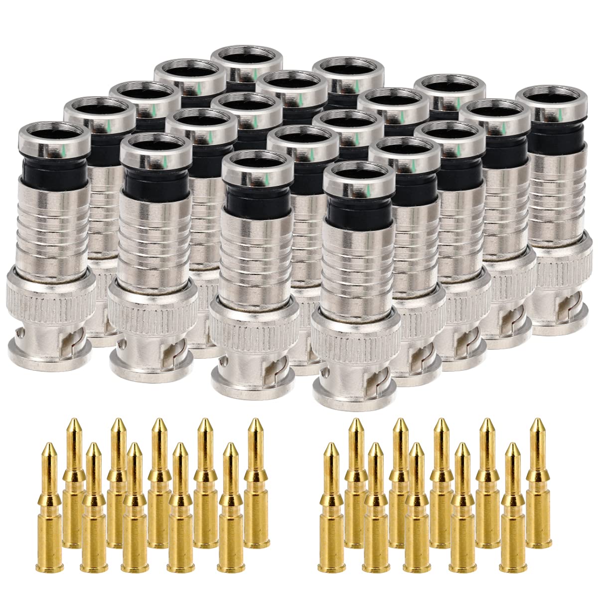 BNC Compression Connector 75 Ohm Coupler with Copper Pin for RG58-59 Crimper Video Plug Extension Coaxial Siam Cable Crimper Adapter Male CCTV Home Security Camera Antena System Pack of 20