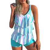 MODLILY Women's Layered Ruffle Two Piece Tankini Swimsuits Flowy Swimdress | Flowy Swimdress Handkerchief Hem, Slim Tank with Boyshorts, V-Neck, Modest Coverage, High elasticity/High stretch