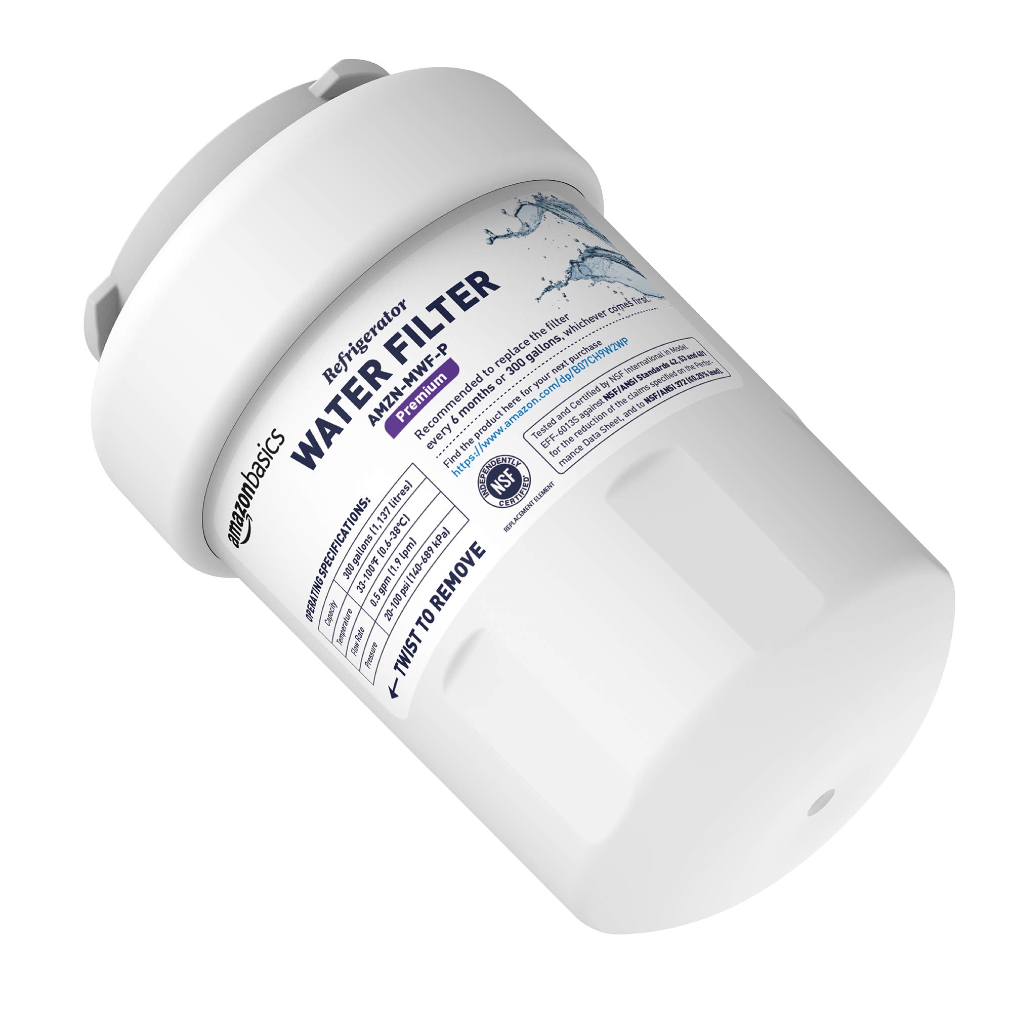 Amazon Basics Replacement GE MWF Refrigerator Water Filter for Filtration, NSF Certified, Compatible with GE and Kenmore, Premium Filtration, Easy to Install, Pack of 3