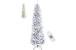 INSTREE CHRISTMAS 6FT Pre-lit Pencil Snow Flocked Christmas Tree Spruce with Remote Control, 250 Warm White Multi-Color Lights, Artificial Hinged/Slim/Skinny/Feel Real/Realistic for Home, Holiday Decoration 6 Feet