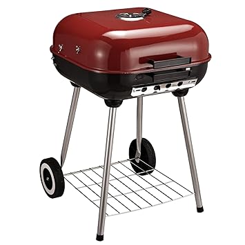 Outsunny Holzkohlegrill Grillwagen Kugelgrill auf Rollen Ablage mit Deckel BBQ Metall Rot L45 x B47,5 x H70cm