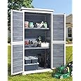 Gizoon Outdoor Storage Cabinet with 3 Shelves, Double Lockable Wooden Garden Shed with Waterproof Roof, Outside Vertical Tall Tool Shed for Yard Patio Lawn Deck-Grey