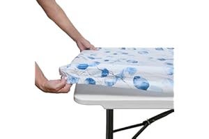 MOTY Tablecloth for Folding Table -Fitted Rectangular Table Cloth Plastic Vinyl Backed with Elastic Rim- for Christmas|Parties, Picnic (Blue Leaves, 3 ft, 24x36 inch)