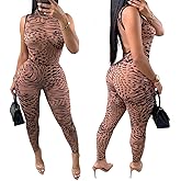 ksotutm Sexy Jumpsuit for Women Sleeveless Mesh Print Jumpsuit See Through Romper Club Outfits