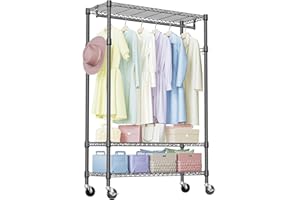 IZEUK Heavy Duty Rolling Garment Rack with 3 Adjustable Wire Shelves, 2 Hanging Rods & Side Hooks - Extra Large Mobile Clothes Rack with Wheels, 47.2" W x 17.7" D x 83.6" H, Black