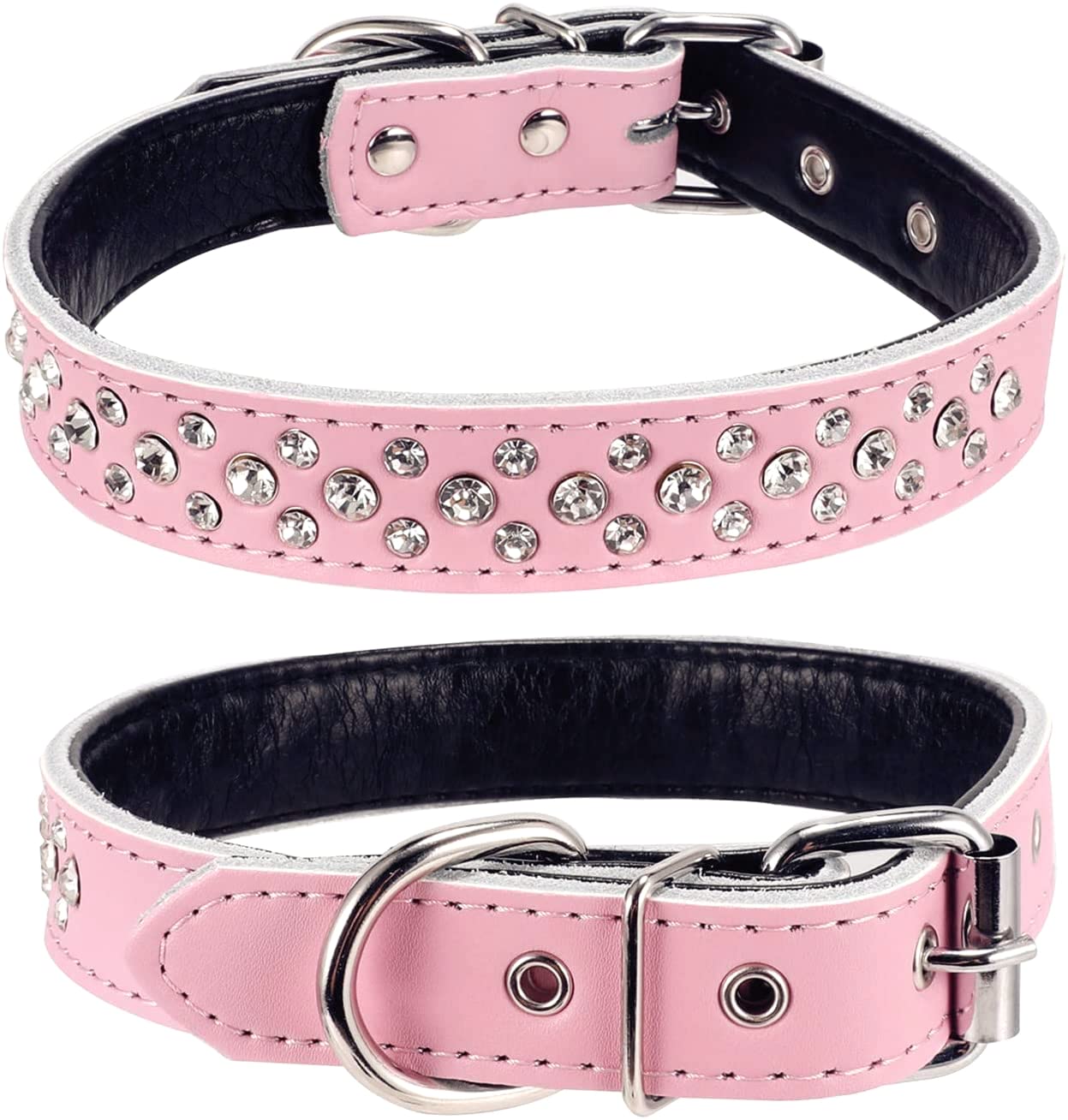 Haoyueer Rhinestones Dog Collar, Adjustable Sparkly Crystal Studded Genuine Leather Pet Dog Collar for Small and Medium Dogs (S, Pink)