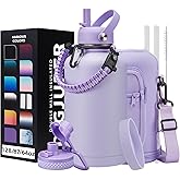 Half Gallon Water Bottle Insulated - 64 oz Water Bottle with Carrying Sleeve, Paracord Handle, Straw Spout Lid, Leak-proof Metal Hydro Water Jug for Workout Sport Hiking Gym, Purple Big Flask Thermo