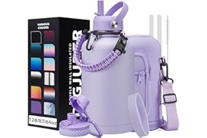 DIGJUPER Half Gallon Water Bottle Insulated - 64 oz Water Bottle with Carrying Sleeve, Paracord Handle, Straw Spout Lid, Leak-proof Metal Hydro Jug for Workout Sport Hiking Gym, Purple Big Flask Thermo