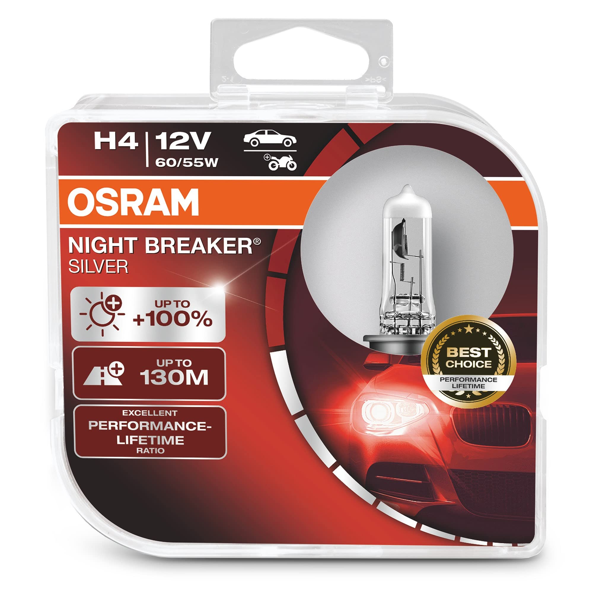 OSRAM NIGHT BREAKER SILVER H4, +100% more brightness, halogen headlamp, 64193NBS-HCB, 12V, passenger car, duo box (2 lamps)