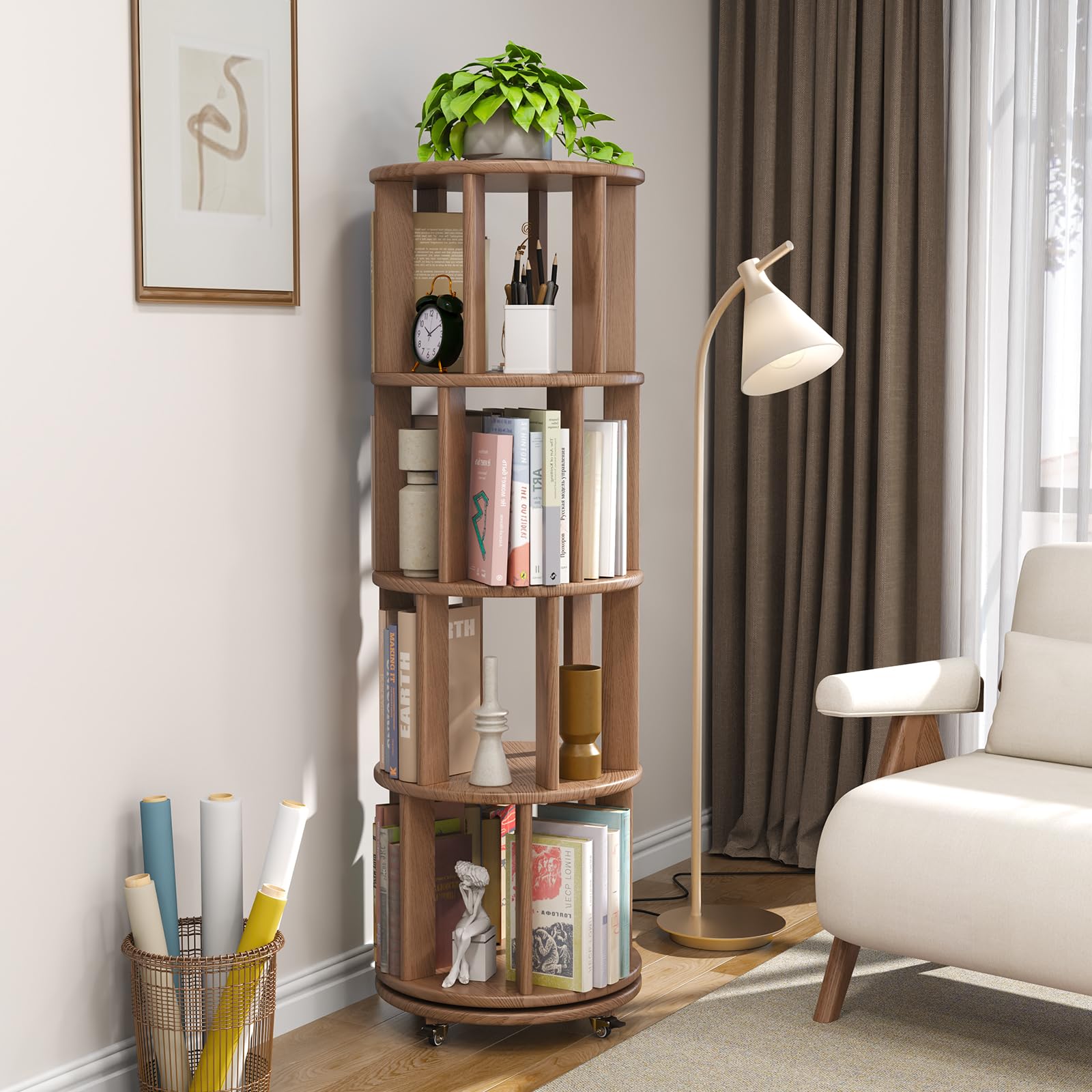 KASLANDI Solid Wood Rotating Bookshelf with Brake