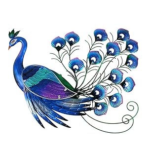 Liffy Peacock Decor Metal Outdoor Wall Art Glass Hanging Decorations Blue for Home Garden Living Room