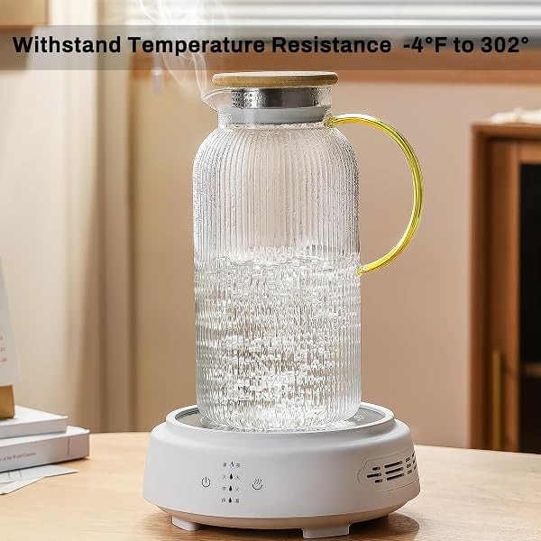 BUAIC 2 PACK GLASS PITCHER WITH LID, 68 OZ/ 2 LITER CLASSIC VERTICAL STRIPES WATER PITCHER WITH BAMBOO LIDS,GLASS WATER CARAFE FOR COLD BREW, COFFEE, LEMONADE, ICED SUN TEA,BEVERAGE,MILK