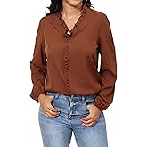 Women Blouses Ruffled V Neck Long Sleeve Shirt Solid Dressy Tops