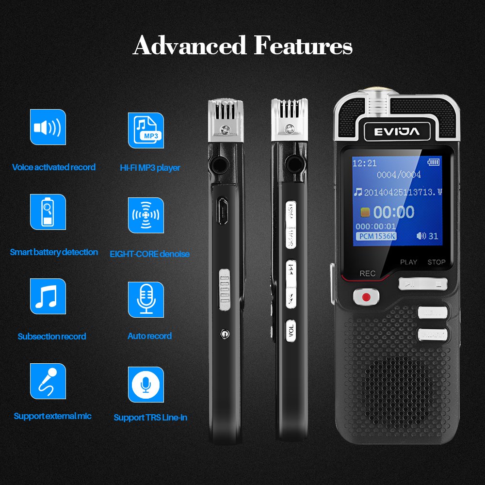 EVIDA Voice Recorder, 8GB 1536Kbps PCM Stereo Voice Activated Recorder