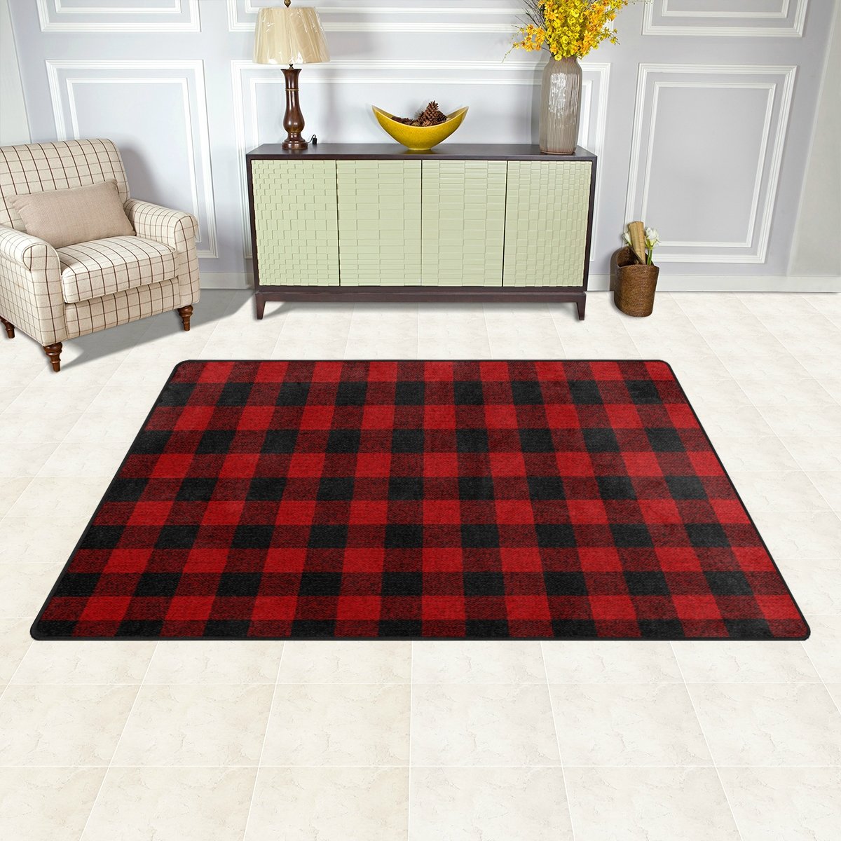 Yochoice Nonslip Area Rugs Home Decor, Vintage Retro Grunge Tartan Red