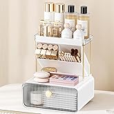 Makeup Organizer with Drawer for Vanity, 2 Tier 5 Zones Cosmetic Display Case Detachable, Cosmetic Storage Perfume Shelf for Bathroom Counter, Perfect Storage Solution for Your Beauty Essential(Clear)