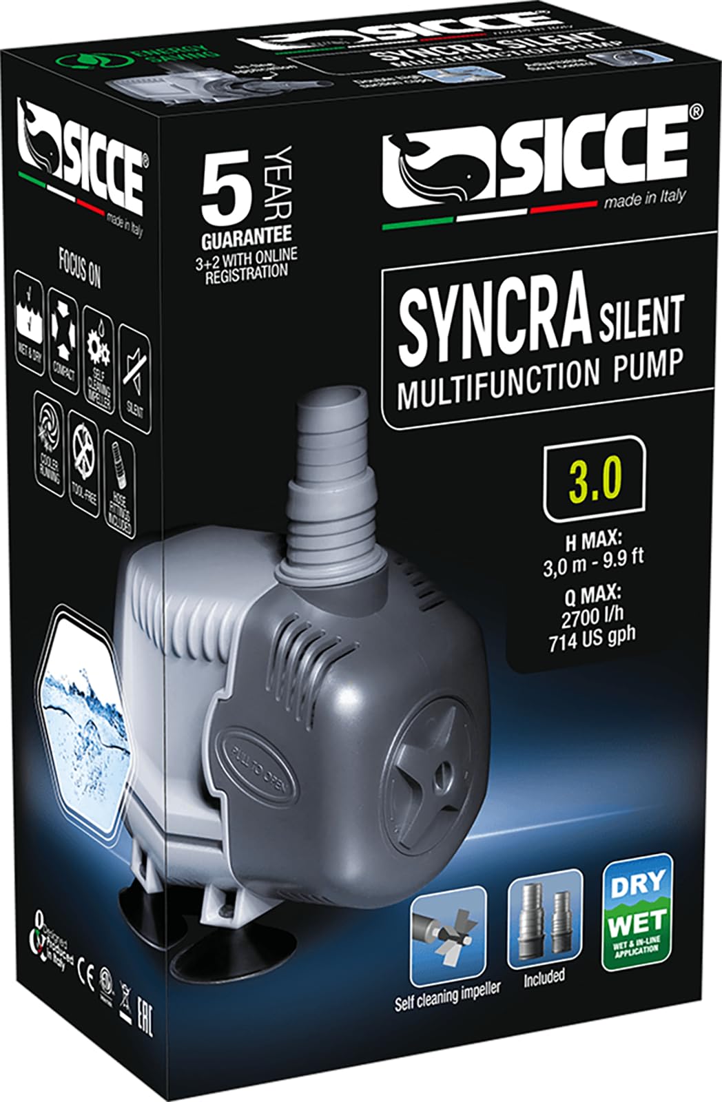 Photo 1 of SICCE Syncra Silent 3.0 Multifunction 714 GPH Submersible Water Pump | Italian Made 48W Ultra Quiet Durable Aquarium Fish Tank, Fountain, Pond, Hydroponics, Terrarium Black | Freshwater & Saltwater