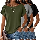 Huukeay 3 Pack Boat Neck Off The Shoulder Tops for Women, Short Sleeve Loose Shirts Causal Oversized Tunic Basic Tees