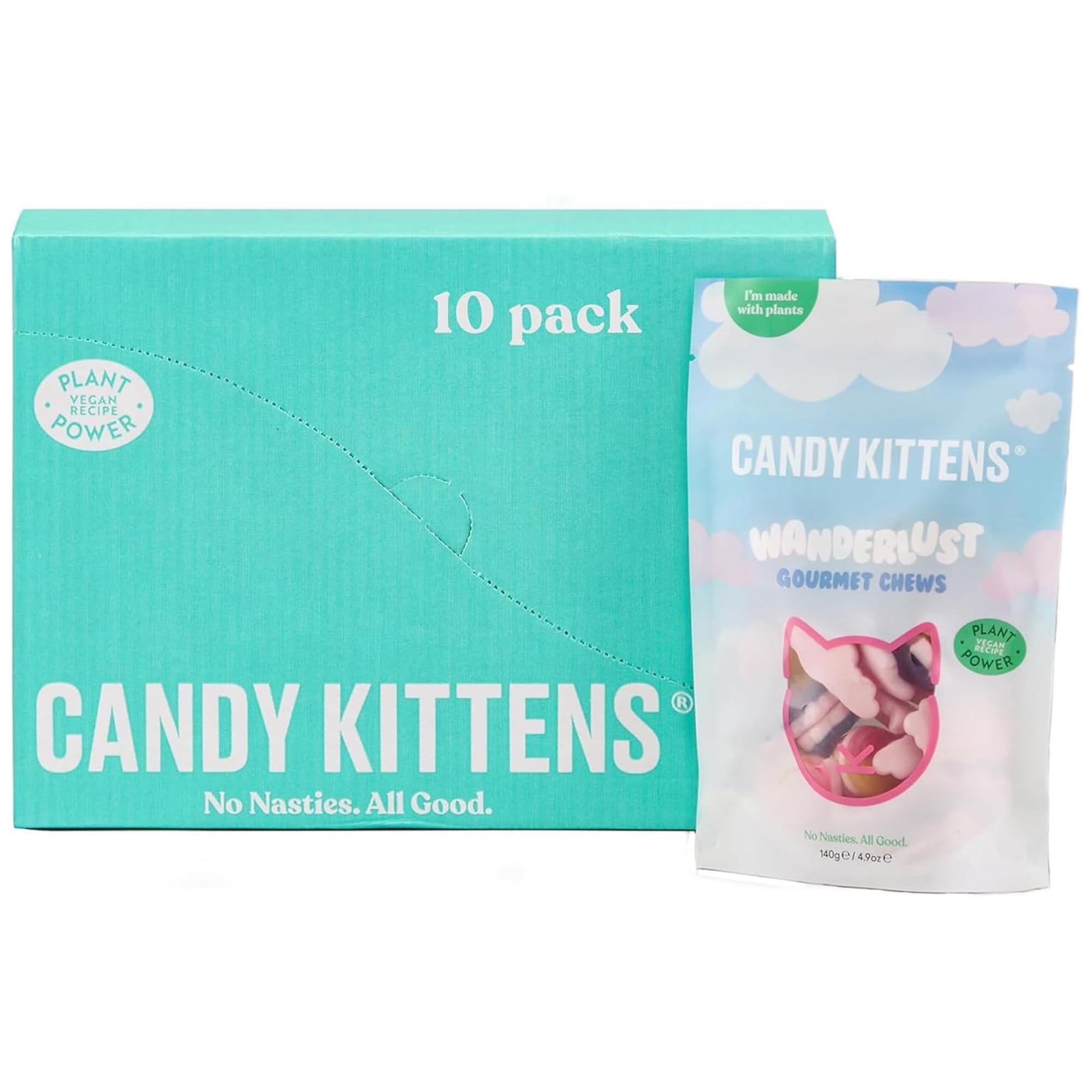 Candy Kittens Vegan Sweets, Wanderlust - Vegan Treats with 4 Fruity Flavours & Natural Ingredients, Ideal for Pick and Mix Sharing, Soft & Chewy Candy, Vegetarian Sweets – 140g, Pack of 10
