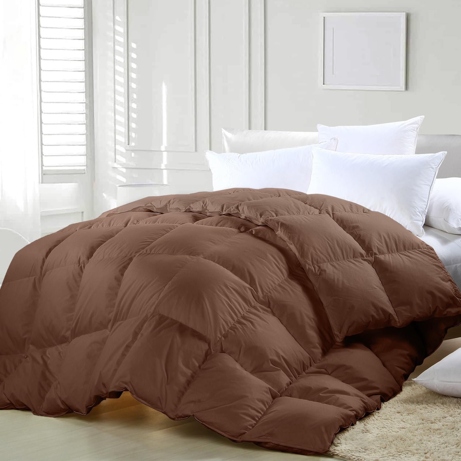 Photo 1 of zzlamb Lightweight Feather Down Comforter Brown, All Season Warm Duvet Insert for Queen Bed, Durable Cotton-Blended Down Proof Shell Duvet with Corner Tabs, Queen Size 90''x90'' Brown