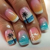 Ocean Coconut Tree Press on Nails Summer Holiday Gradient Fake Nails with French Tip Design Short Square Full Cover Glue on Nail Glossy False Stick on Nail for Women