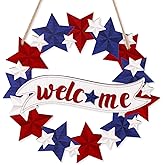 4th/Fourth of July Decorations Welcome Wreath for Front Door - Wooden Red White and Blue Star Sign, Patriotic Memorial Day Porch Home Wall Outside Decor