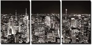 wall26 - 3 Piece Canvas Wall Art - New York City Midtown Skyline Panorama with Skyscrapers and Urban Cityscape at Night. - Modern Home Art Stretched and Framed Ready to Hang - 16"x24"x3 Panels