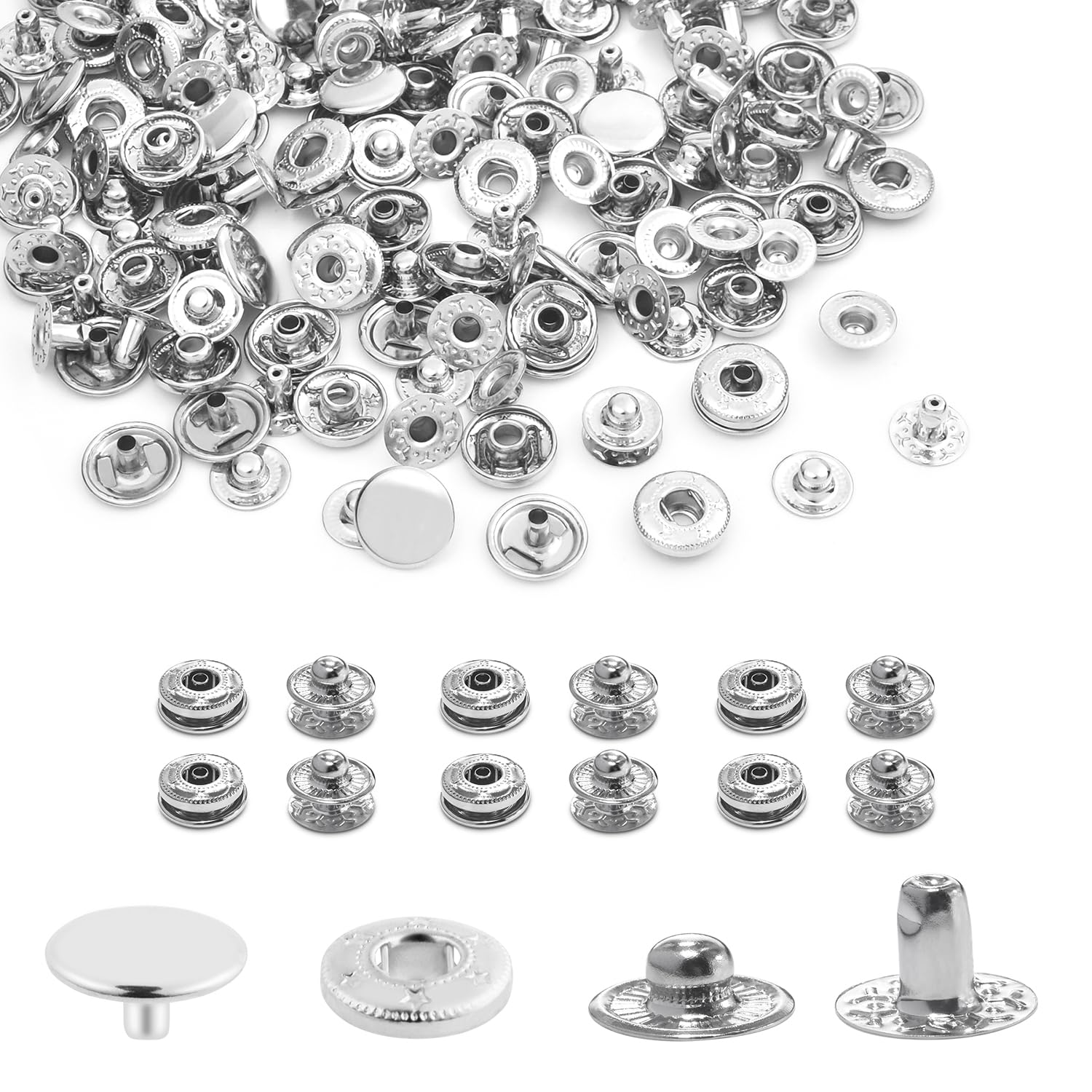 Photo 1 of 50Sets Snap Button Kit, 10mm Leather Snaps Fasteners, Metal Button Press Studs for Fabric Leather Bag Clothes Jackets Bracelets DIY for Sewing Accessories (Silver)