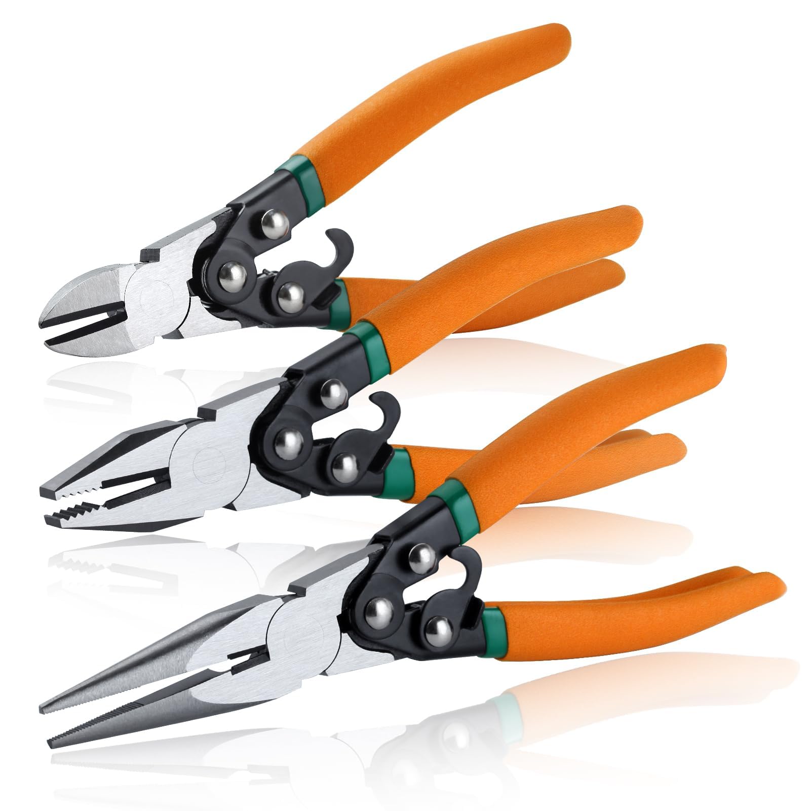 SPEEDWOX 3Pcs Compound Action Pliers Compound Pliers 6.5" Compound Action Diagonal Cutters Wire Cutters 7" Compound Action Lineman Pliers 8" Compound Action Long Nose Pliers with Safety Lock