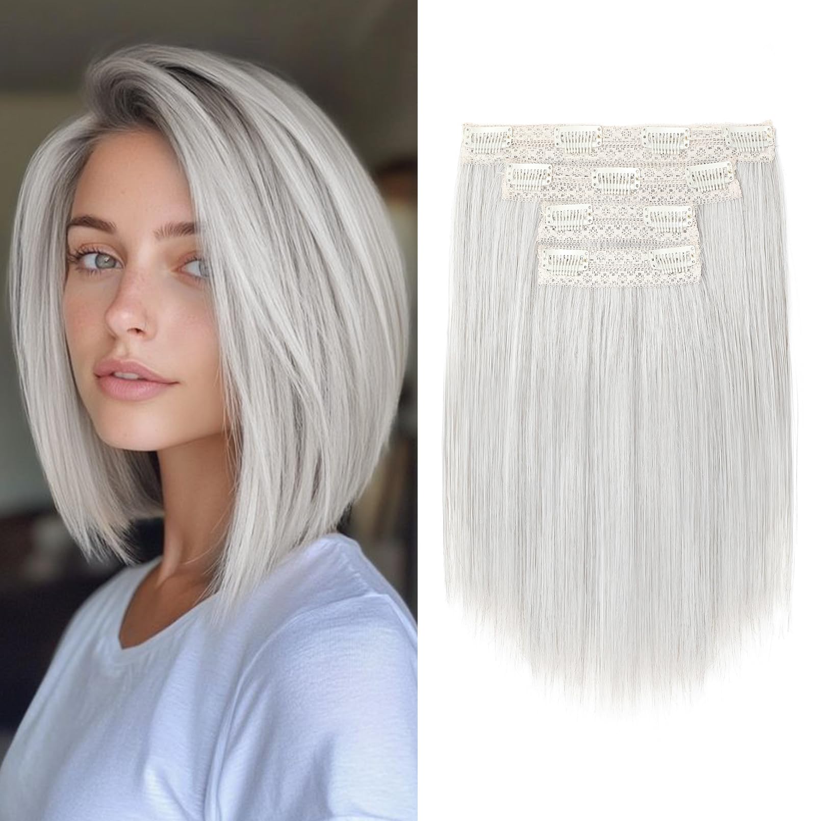 Photo 1 of NTYNTY Hair Extensions, 10" Short Clip in Hair Extensions 4PCS Straight Natural Soft Synthetic Hairpiece for Women- Silver Grey
