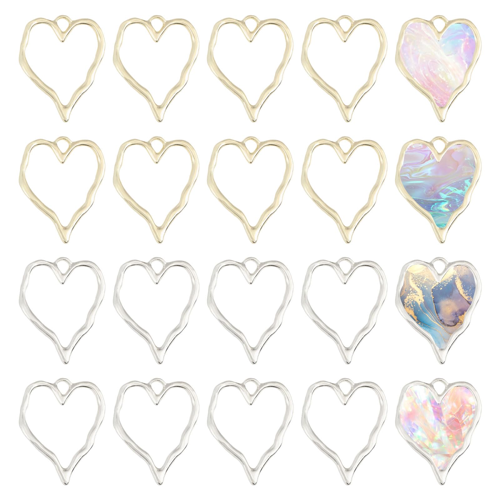 CHGCRAFT 20Pcs 2 Colors Heart Open Back Bezel Charms Pendants Zinc Alloy Pendants Bezel Blank Trays Geometric Hollow Frame Charms For DIY UV Resin Epoxy Resin Pressed Flower Jewelry Golden Silver