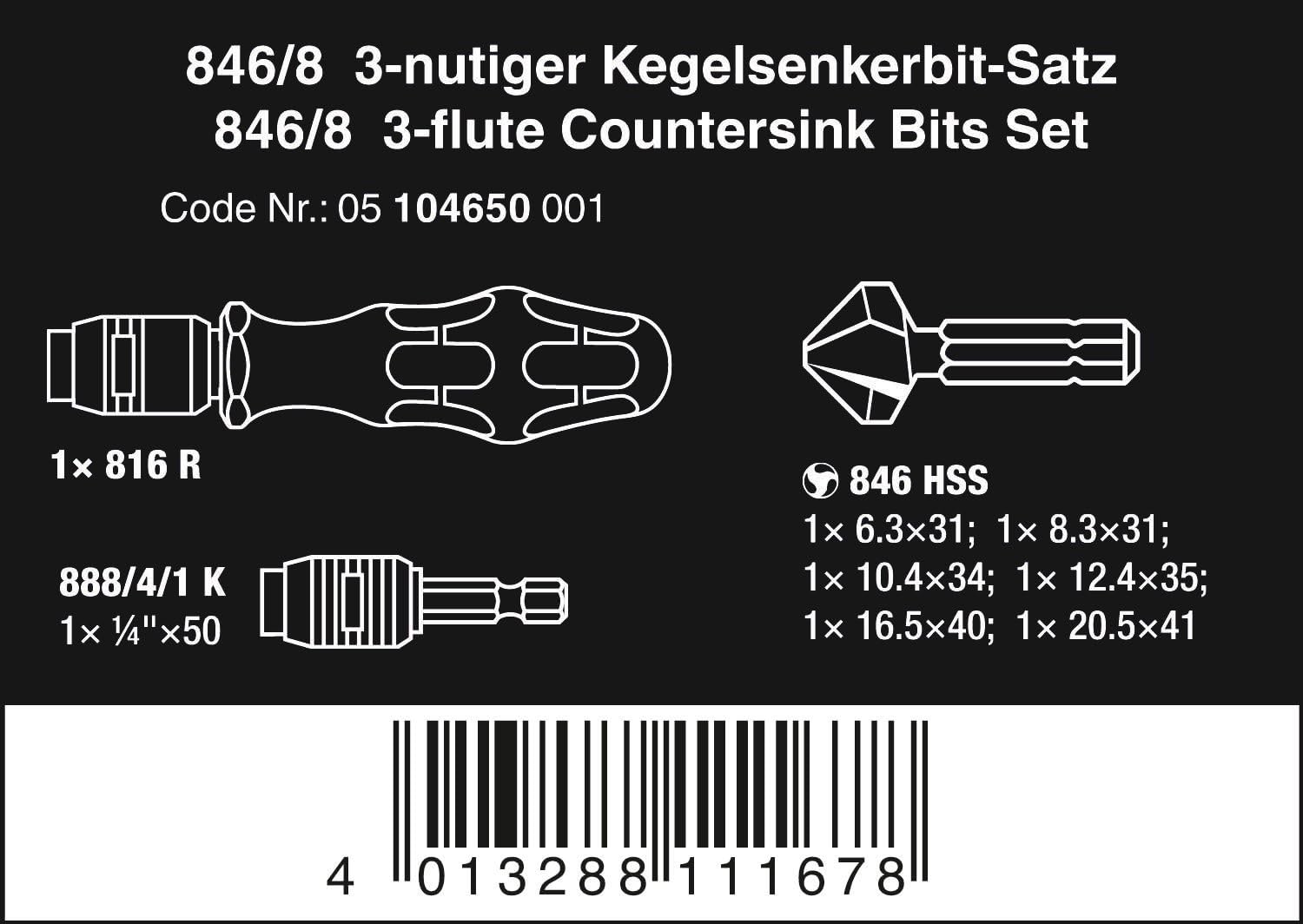 Wera 05104650001 846/8 3-Groove Countersink Bits Set (8 Pieces), Silver - Image 3