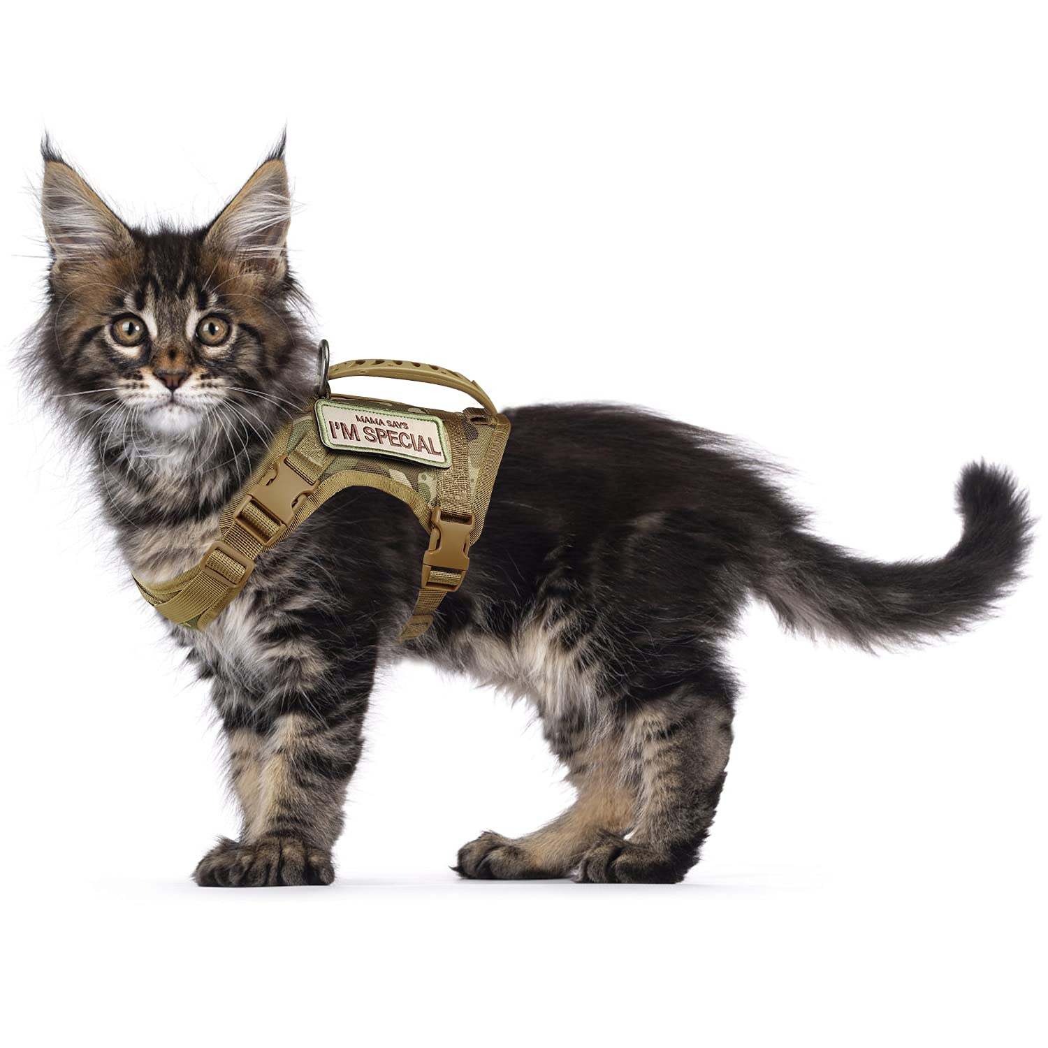 Tactical Cat Harness for Walking Escape Proof, Soft Mesh Adjustable Pet Vest Harness for Large Cat,Small Dog (L, Khaki)