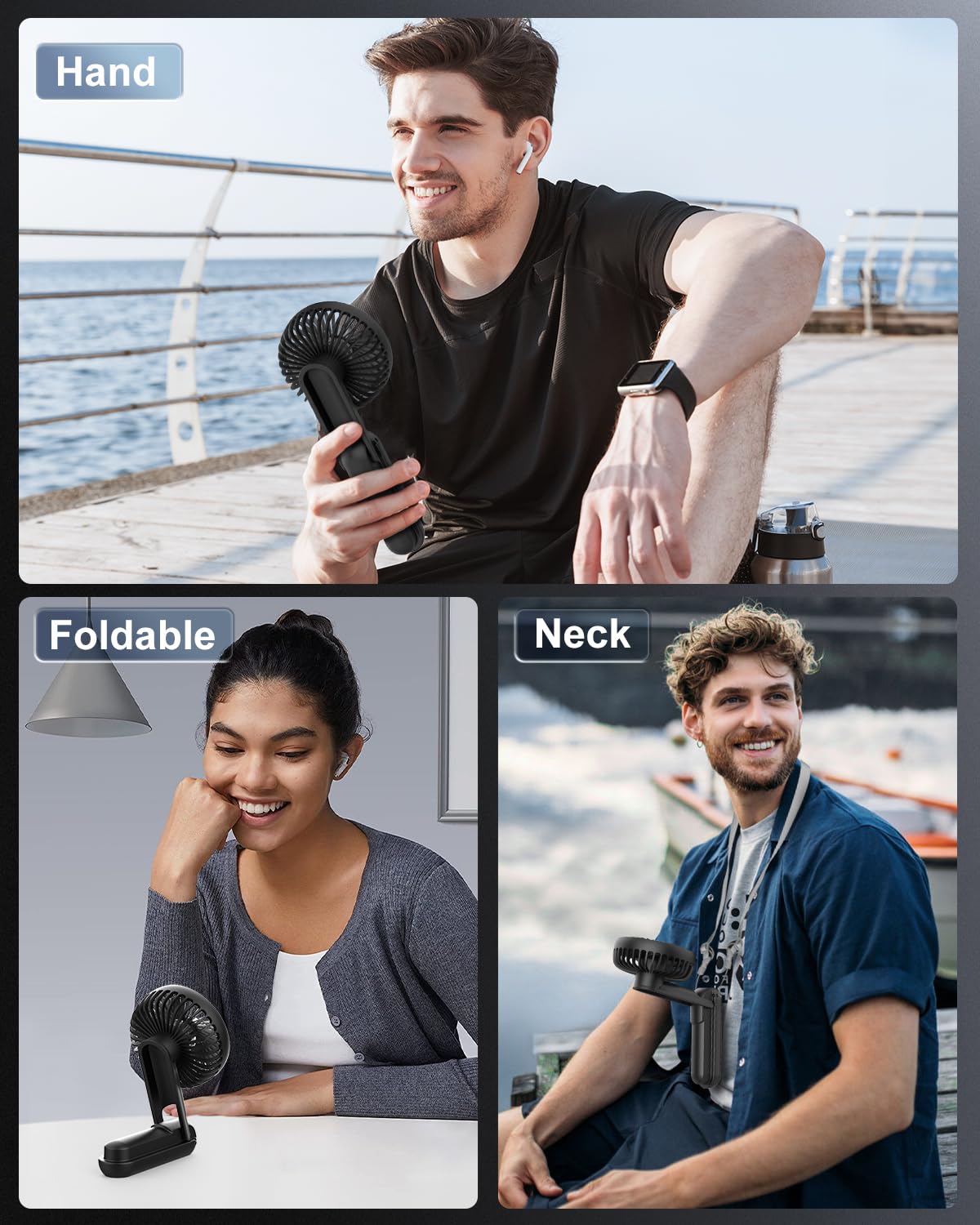 EasyAcc 3 IN 1 Handheld Fan, 5000mAh Mini Handheld Fan [Ultra Quiet Powerful]-5 Speeds/Backup Power/SOS Light/Digital Display/Lanyard- for Travel/Cruise/Summer/Concerts/Lash Black