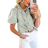 Disamer Womens Puffy Sleeves Tops Button Down Shirt Ruffle Shirt Short Striped Work Tops Trendy Babydoll Stand Collar Blouse