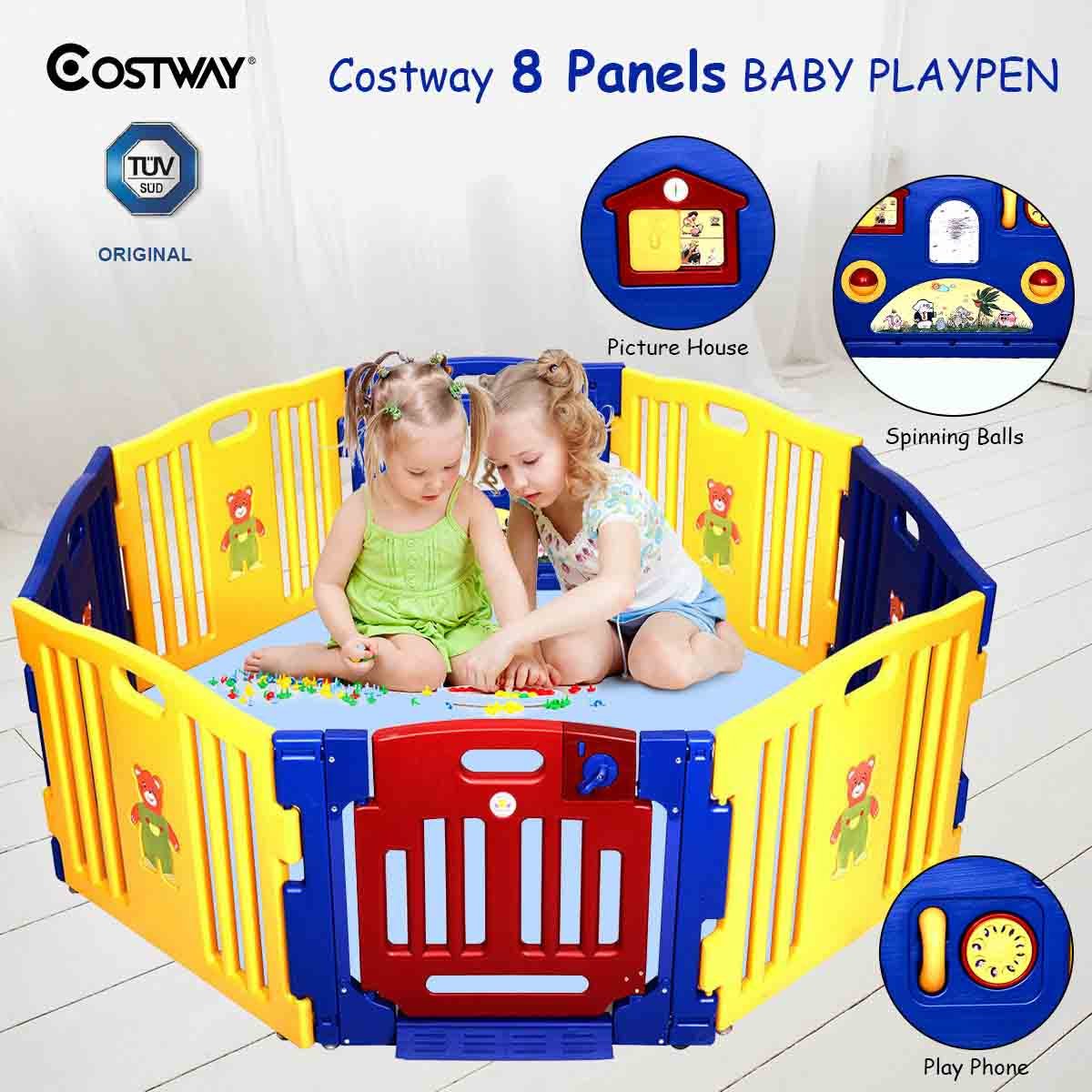 COSTWAY Baby Playpen with 8 Colorful Panels, Upgraded Safety Lock