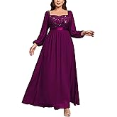 MISSMAY Women's Plus Size Sequin Lace Square V Neck Sheer Long Sleeves Formal Evening Chiffon Long Dress